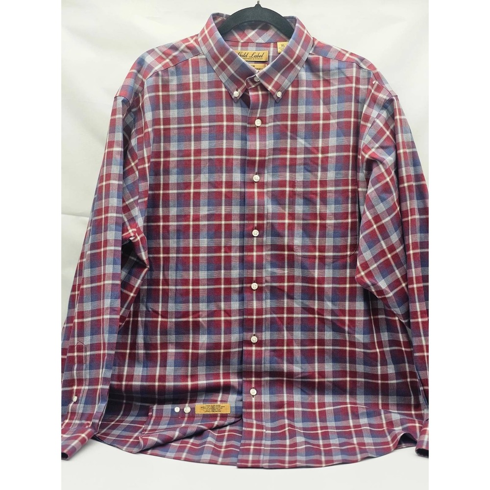 Roundtree & Yorke Button Down Men XL Red Blue Plaid Non-Iron Cotton